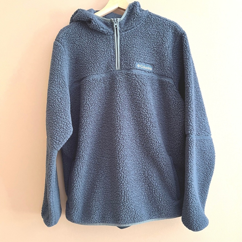 Columbia Mens L Blue Sherpa Fleece Quarter Zip Hoodie Camp Hike Gorpcore Cozy